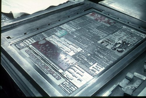 Front page of the Bingley & Shipley Guardian-Chronicle photographed on the stone at Bradford on January 7 1970 (for publication on the following day). Headings mostly in Ludlow Century Modern Bold